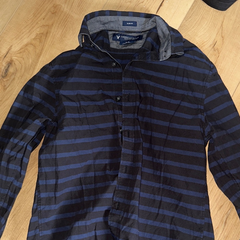 American Eagle Outfitters Navy and Black Striped Dress Shirt